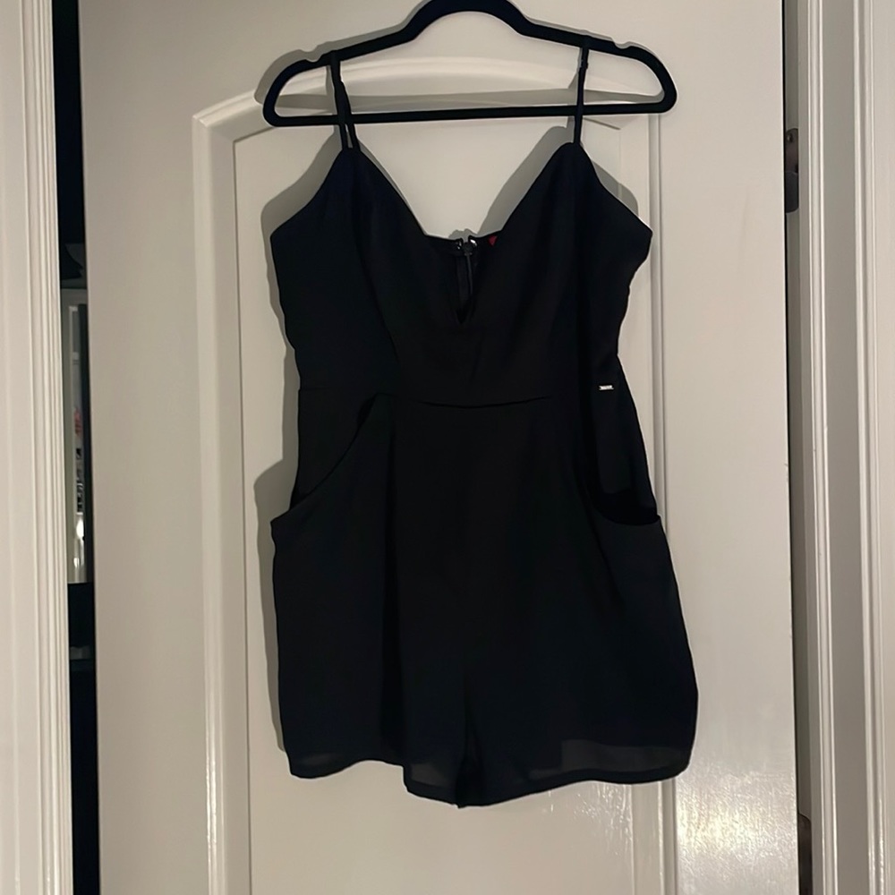V neck black romper, lined so not see through